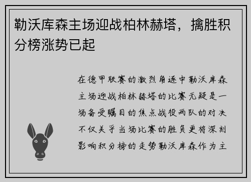 勒沃库森主场迎战柏林赫塔，擒胜积分榜涨势已起