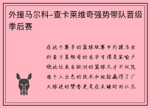 外援马尔科-查卡莱维奇强势带队晋级季后赛